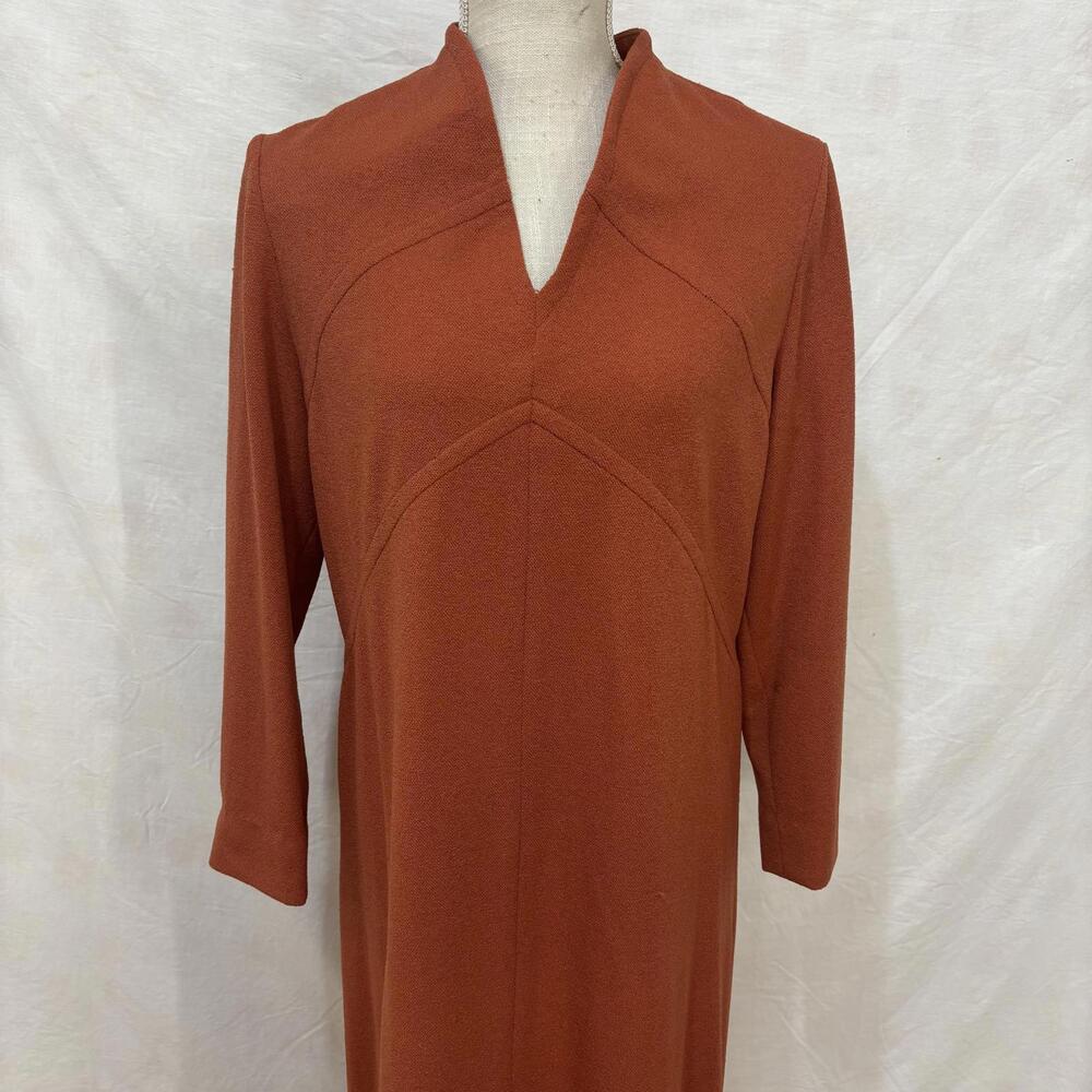 Vtg 60s Henry Lee burnt orange polyester midi dress - Picture 2 of 9